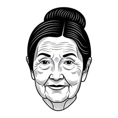Black and white vector illustration of an elderly womans face.