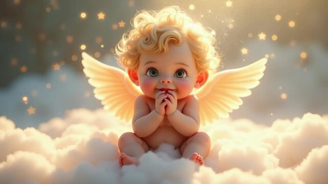 A small, playful cherub angel with soft, curly golden hair and chubby cheeks, sitting on a fluffy cloud. Joyful expression radiates innocence and divine mischief. 