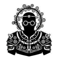 Steampunk cyborg saint with a halo of gears and goggles.