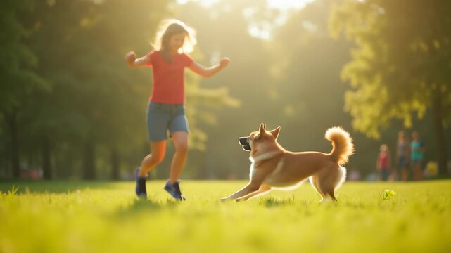 The playful interaction between a person and their exuberant dog in a sunlit park.