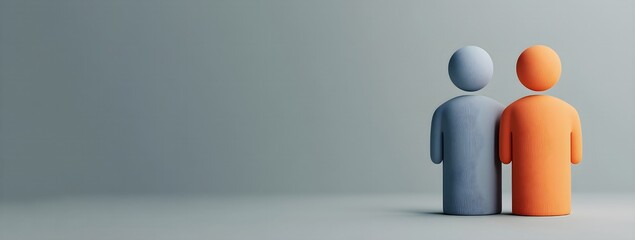 Two female and one male figure standing side by side against a blue background &mdash; banner concept for teamwork, diversity, community, and partnership with space for text.