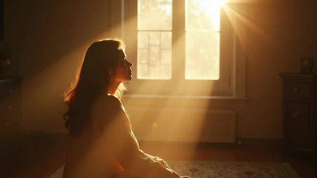 Woman sits in a softly lit room as beams of heavenly light stream through a nearby window, gently enveloping them in a warm, ethereal glow. 
