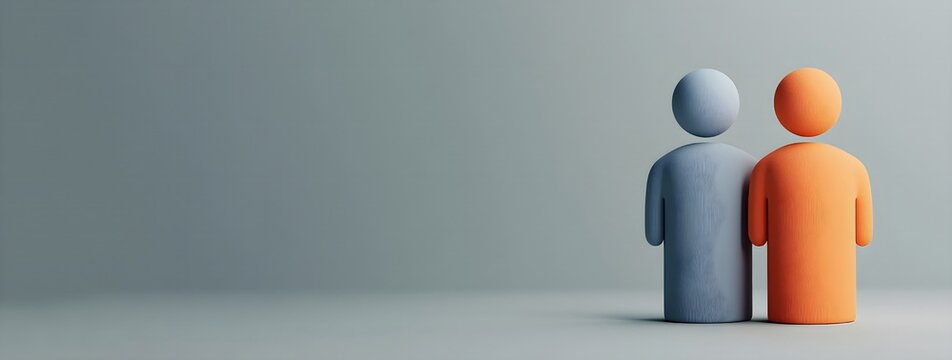 Two female and one male figure standing side by side against a blue background &mdash; banner concept for teamwork, diversity, community, and partnership with space for text.