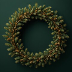 A circular wreath made of pine branches and cones on a dark green background. The wreath is lush and full, showcasing natural textures and colors.
