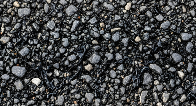 Close up shot of wet asphalt road surface with stones and bitumen