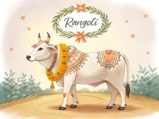 Decorated cow with floral garland and rangoli design