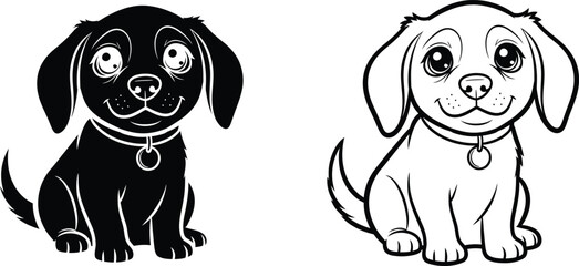 Two cute cartoon puppies black and white illustration