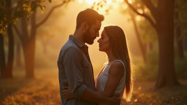 Loving couple sharing a quiet moment of reconciliation in a serene, sunlit park. 
