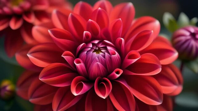 3D macro video of a red dahlia flower in full bloom. The camera captures int