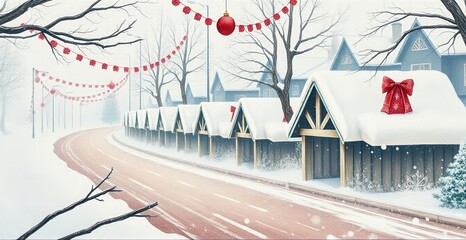 A snowy street lined with houses covered in snow