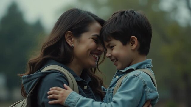 Emotionally scene capturing a bittersweet moment as a mother bids farewell to her child on the first day of school. 