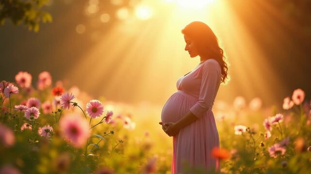 Portrait of an expectant mother standing in a sunlit garden filled with blooming flowers. Her silhouette is softly outlined by backlighting, emphasizing the gentle curve of her pregnancy.