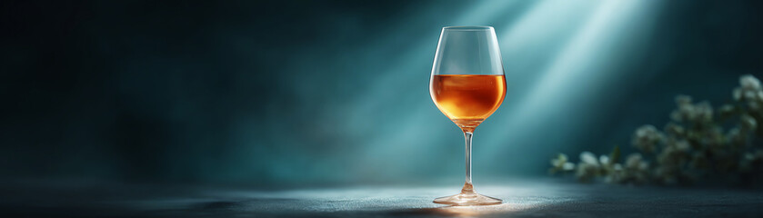 Single elegant wine glass with an alcohol beverage under spotlight. mysterious dark luxury background with subtle clear reflection