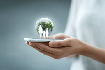 Hopeful concept of family protection and environmental care for future, woman holding globe with technology showing sustainable world