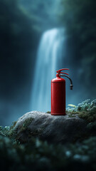 Red fire extinguisher on rocky cliff near waterfall in mysterious forest. concept of safety and nature juxtaposition