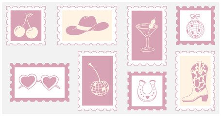 Collection of cute cowboy-themed postage stamp designs featuring western icons, hats, boots, and hearts. Perfect for postcards, invitations, and creative projects.