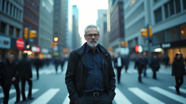 Middle-aged man in his late 40s experiencing a panic attack in the midst of a busy urban crosswalk. 
