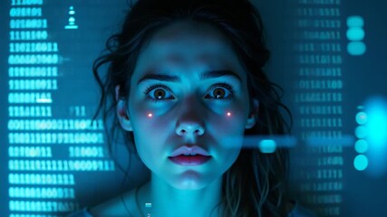 Woman gazing and looking at the camera with wide blue eyes illuminated by glowing digital code reflections on her face, futuristic neon lighting, concept of artificial intelligence, technology - Powered by Adobe