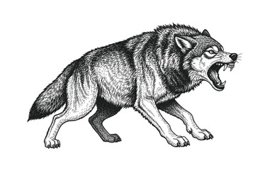 Aggressive wolf canis lupus with open mouth, showing teeth, classic engraving illustration