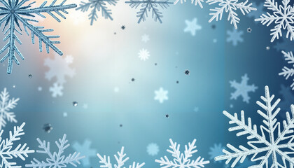 Blue winter background with glowing snowflake border, festive seasonal frame