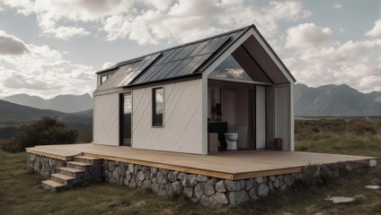Modern Tiny House with Solar Panels on a Wooden Deck in a Mountainous Landscape.