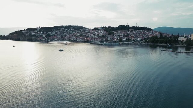 Aerial view of the beautiful Ohrid city on the lakeshore, North Macedonia, 4k