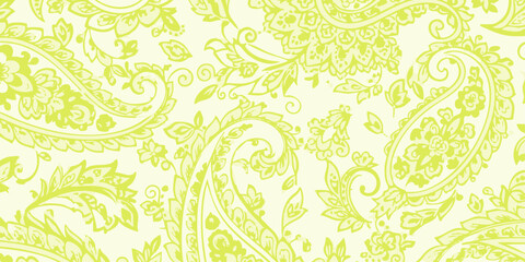 A beautiful and intricate lime green paisley pattern with detailed floral ornaments on a pale yellow background, a classic seamless repeat design for textiles © Dhani