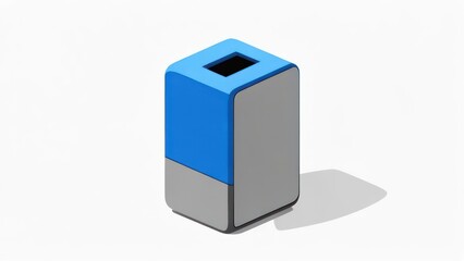 Isometric rendering of a colorful trash receptacle with a square opening, casting a shadow