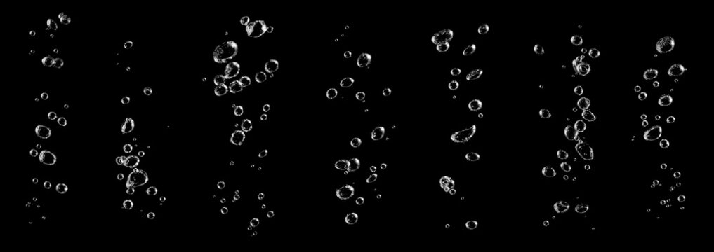 set water bubble white oxygen air isolated on a black background. underwater clear liquid with bubbles flowing up to the water surface. drop air in water - Powered by Adobe