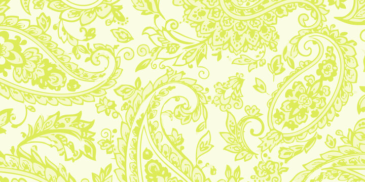 A beautiful and intricate lime green paisley pattern with detailed floral ornaments on a pale yellow background, a classic seamless repeat design for textiles