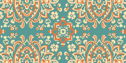 Floral pattern design with intricate details in turquoise and peach