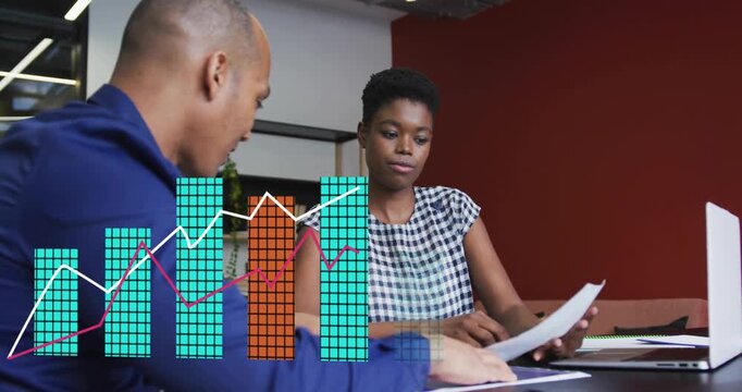 Man pointing at papers and woman reading in business, charts starting after pointing for review