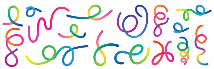 Pattern of Abstract Colour Gradient Lines. Vector Wave 3D Graphic Shapes with Gradient. Organic Rainbow Wavy Ribbons. Set of Fun Kid Doodle Colour Gradation