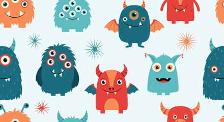 A playful and colorful seamless pattern of cartoon monster characters with various shapes, eyes, and features, perfect for children's designs.