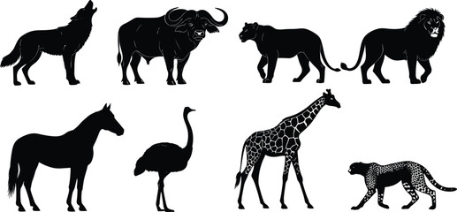 Wild animal silhouettes, side profile wildlife icons, African safari creatures, predator and prey shapes, nature illustration for education and design
