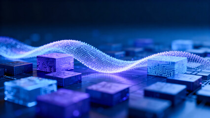Futuristic digital wave and circuit blocks on tech grid.