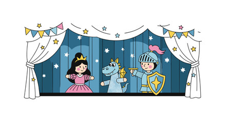 Kids perform a fairytale play with a princess, friendly dragon, and brave knight on a stage with blue curtains and stars.