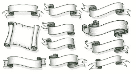 Collection Of Different Ribbon Set Vintage Vector. Scroll Curled Curved Blank Ribbon Concept. Designed Decorative Elegance Tape Advertisement Element Template Monochrome Illustrations