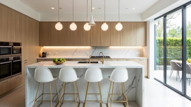 A modern, minimalist kitchen with a sleek and open layout