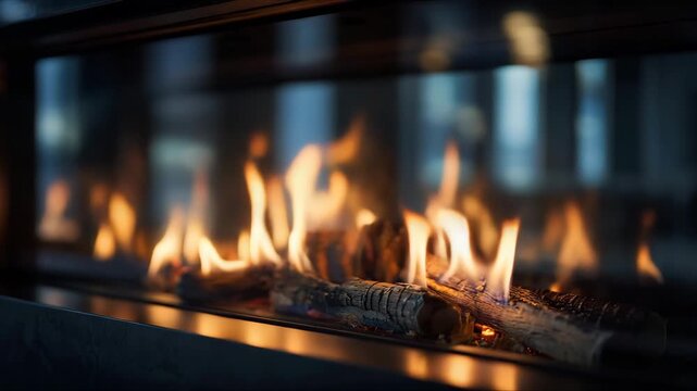 Relaxing flames dance in a modern fireplace creating a cozy atmosphere perfect for winter nights