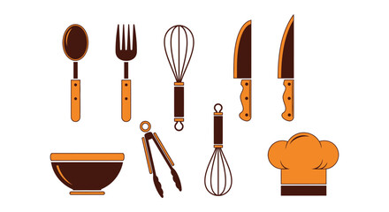A vibrant illustration showcasing essential kitchen tools, including a whisk, knives, spoon, and bowl, perfect for cooking enthusiasts and culinary designs in a vector illustration