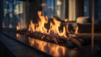 Fireplace warmth creates a cozy atmosphere in a modern living room during the evening - Powered by Adobe