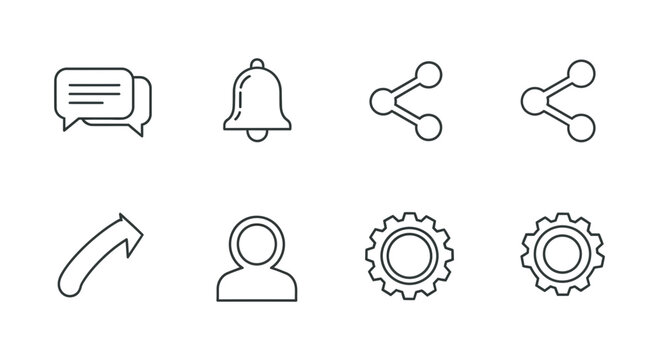 Essential vector line UI icons for modern web and mobile applications. Features symbols for chat, notifications, social sharing, user profiles, and system settings