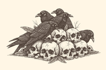 Naklejka premium dark gothic illustration of ravens perched on human skulls in vintage engraving style