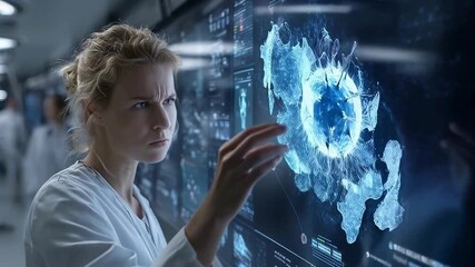 Scientist interacting with futuristic digital display showing virus analysis | Lab researcher studying molecular data on transparent touchscreen | Female scientist using interactive technology in mode - Powered by Adobe