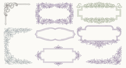 Decorative horizontal floral elements Vector set, corners, borders, frame and cartouches. Historical and decorative style of Baroque. Hand drawn sketches, engraving style. Page decoration.