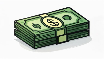 Isometric view of a stack of green paper money, secured with a band and seal