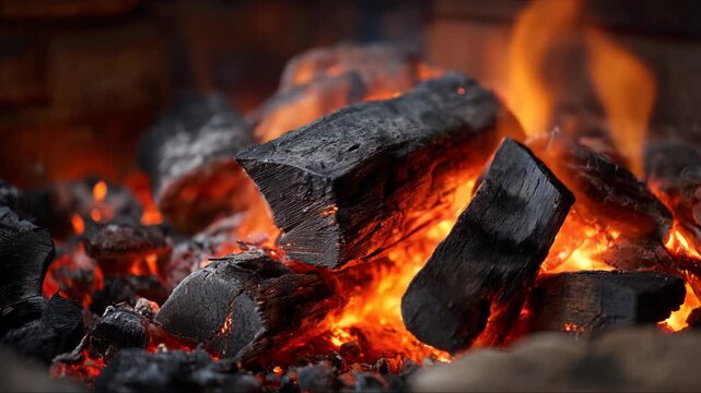 Experience the warmth and glow of burning logs with crackling sounds and vibrant flames creating a cozy atmosphere in a rustic setting