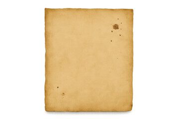 Vintage aged paper sheet showing brown stains and burnt edges, blank antique parchment texture with transparent background
