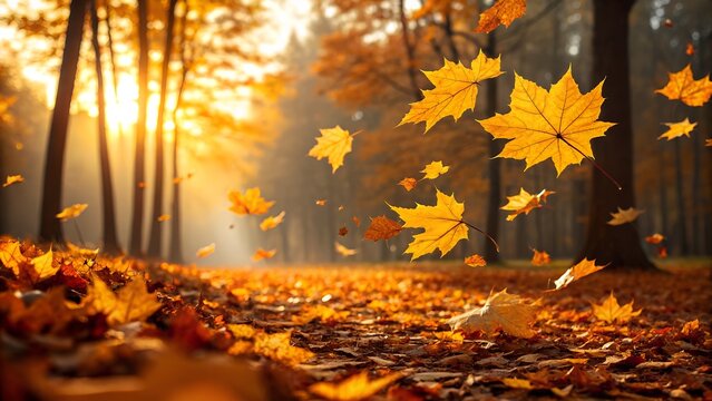 Golden autumn maple leaves swirling and falling in a sunlit forest park with glowing fog and dappled light